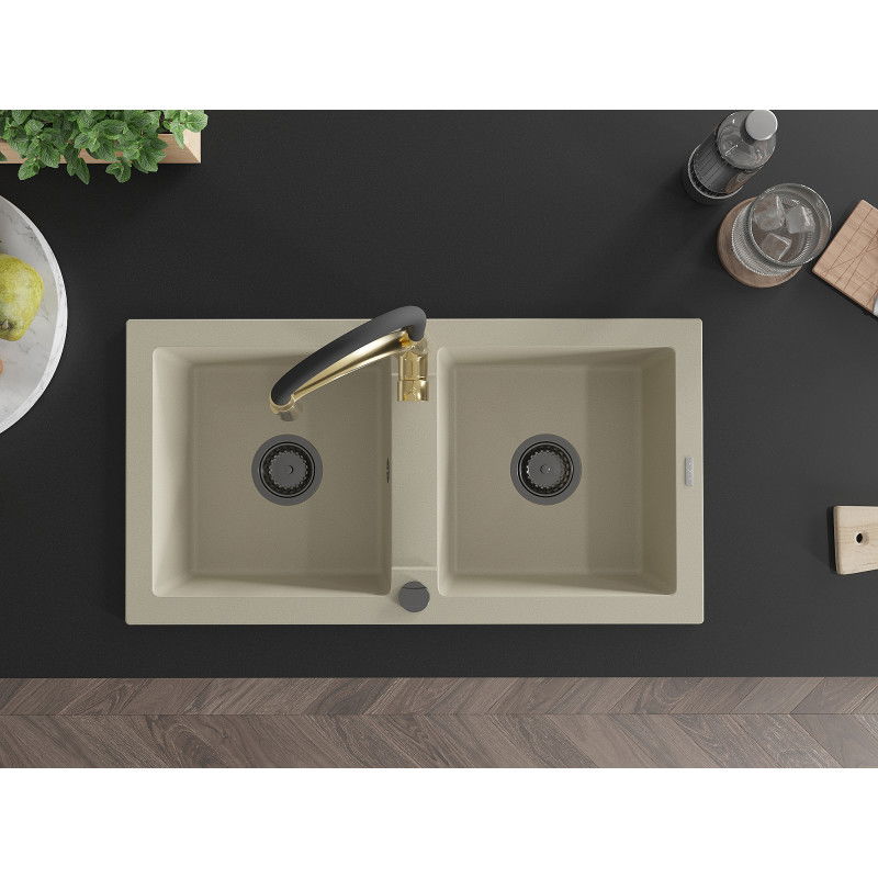 Mexen Mario chiuvetă de granit cu 2 camere cu baterie de bucătărie Aster, bej - 6504-69-73450-57-B