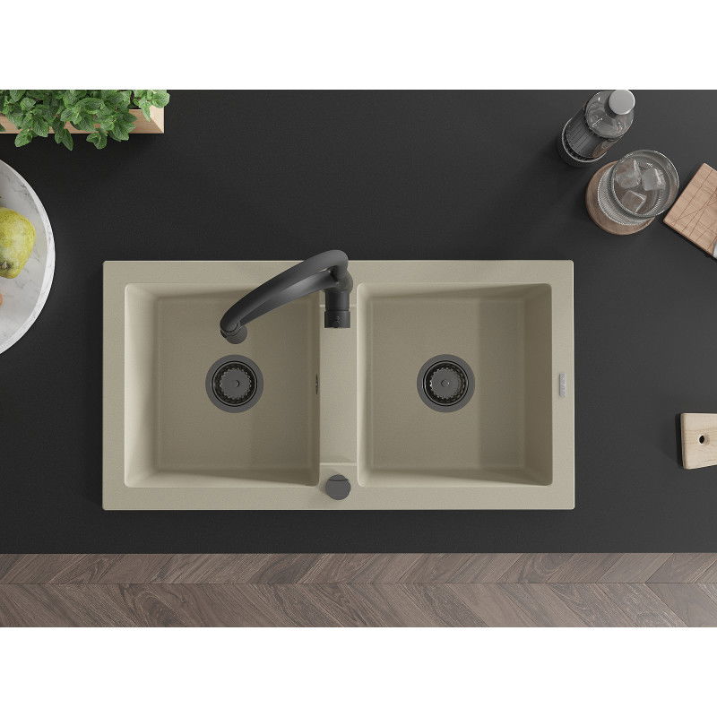 Mexen Mario chiuvetă de bucătărie din granit cu 2 compartimente și baterie Aster, bej - 6504-69-73450-70-B