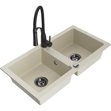 Mexen Mario chiuvetă de bucătărie din granit cu 2 compartimente și baterie de bucătărie Aster, bej - 6504-69-73450-70-B