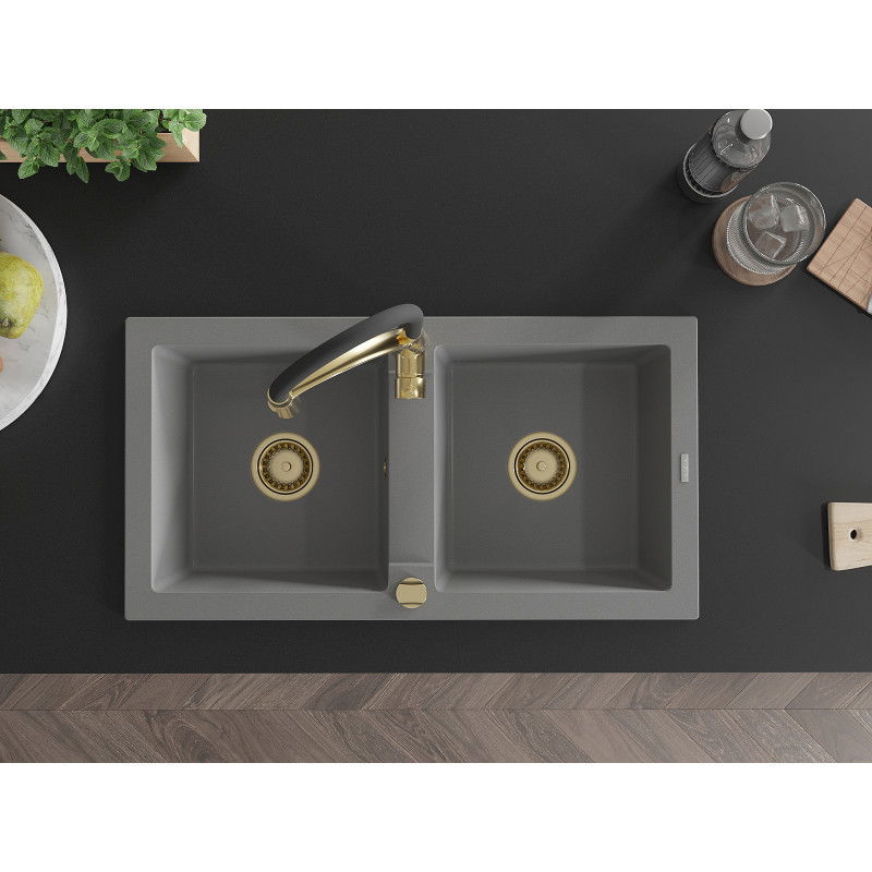 Mexen Mario gránit, 2 medencés mosogató Aster konyhai csapteleppel, szürke - 6504-71-73450-57-G