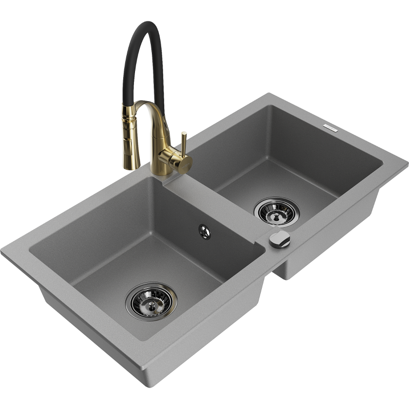 Mexen Mario chiuvetă de bucătărie granit 2 camere cu baterie de bucătărie Aster, gri - 6504-71-73450-57-B
