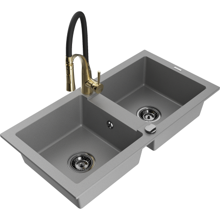 Mexen Mario chiuvetă de bucătărie granit 2 camere cu baterie de bucătărie Aster, gri - 6504-71-73450-57-B