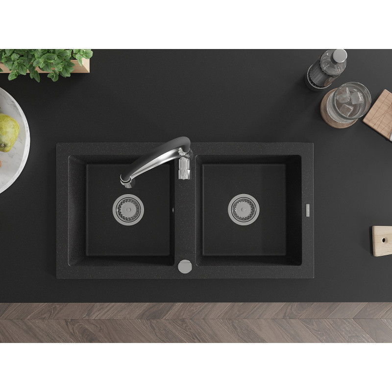 Mexen Mario chiuvetă de bucătărie din granit cu 2 cuve și cu baterie Aster, negru/argintiu metalizat - 6504-73-73450-07