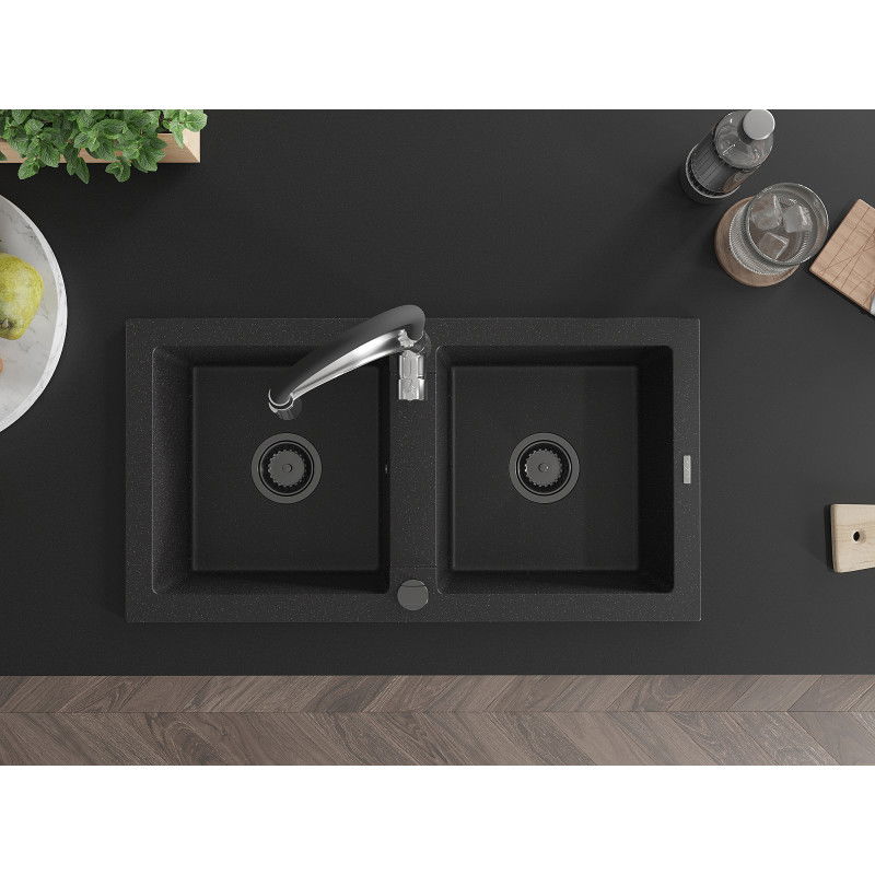Mexen Mario chiuvetă de granit cu 2 compartimente și baterie de bucătărie Aster, negru/argintiu metalic - 6504-73-73450-07-B