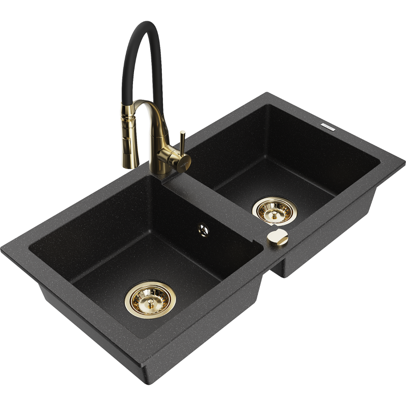 Mexen Mario chiuvetă de granit cu 2 compartimente cu baterie de bucătărie Aster, negru/argintiu metalic - 6504-73-73450-57-G