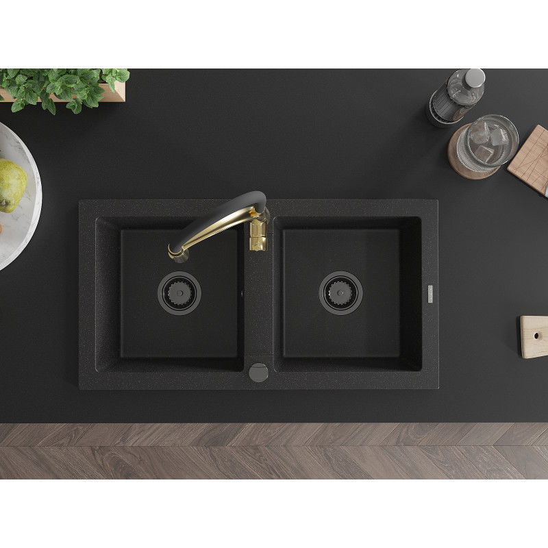Mexen Mario gránit mosogató 2 rekeszes konyhai csapteleppel Aster, fekete/ezüst metál - 6504-73-73450-57-B