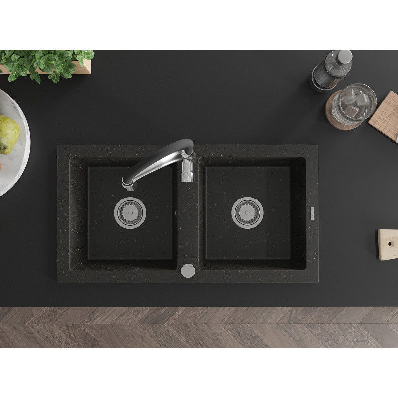 Mexen Mario gránit 2 rekeszes mosogató konyhai csapteleppel Aster, fekete/arany metál - 6504-75-73450-07
