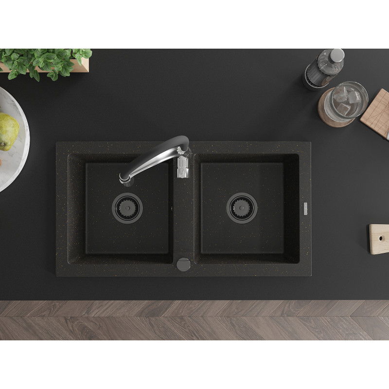 Mexen Mario gránit mosogatótálca kéttálcás, Aster konyhai csapteleppel, fekete/arany metál - 6504-75-73450-07-B