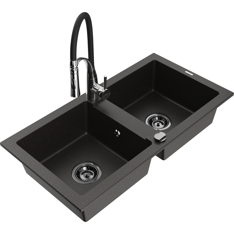 Mexen Mario chiuvetă de granit cu 2 camere cu baterie de bucătărie Aster, negru/auriu metalic - 6504-75-73450-07-B