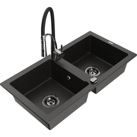 Mexen Mario chiuvetă de granit cu 2 camere cu baterie de bucătărie Aster, negru/auriu metalic - 6504-75-73450-07-B