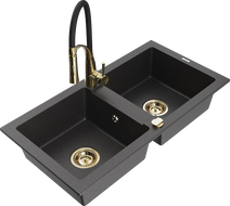 Mexen Mario chiuvetă de bucătărie granit, 2 compartimente, cu baterie Aster, negru pătat - 6504-76-73450-57-G