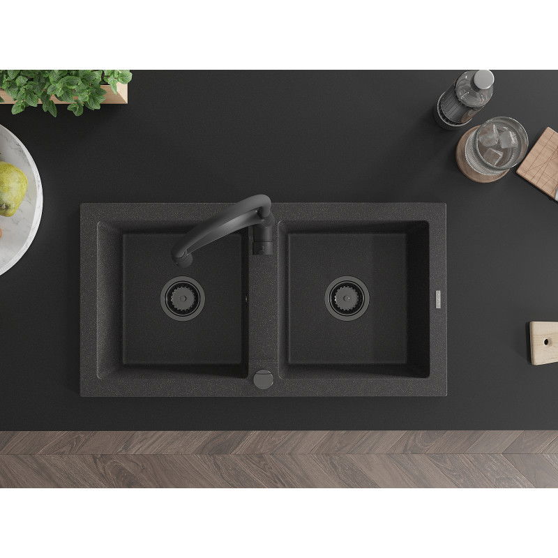 Mexen Mario 2 kamrás gránit mosogató Aster konyhai csapteleppel, fekete pöttyös - 6504-76-73450-70-B