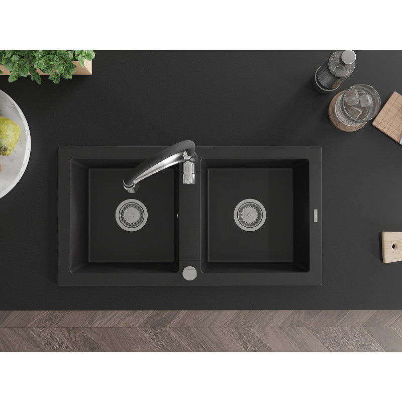Mexen Mario gránit 2-medencés mosogató Aster konyhai csapteleppel, fekete - 6504-77-73450-07
