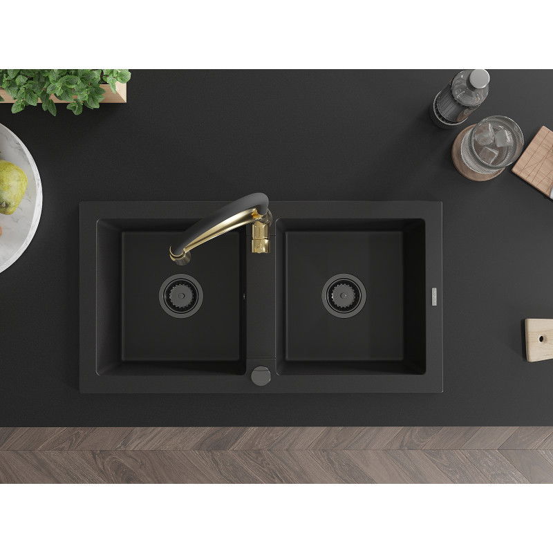 Mexen Mario chiuvetă de bucătărie din granit cu 2 compartimente și baterie de bucătărie Aster, negru - 6504-77-73450-57-B