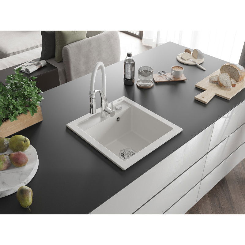 Mexen Vito chiuvetă de granit cu 1 compartiment și baterie de bucătărie Aster, alb - 6503-20-73450-02