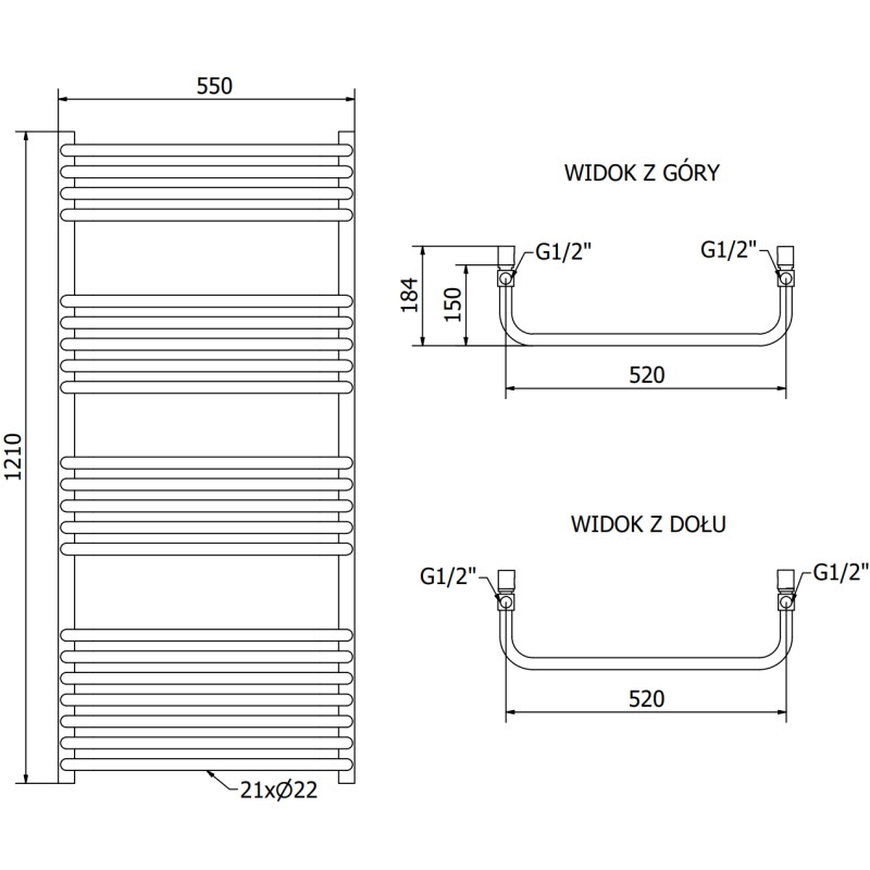 Mexen Apollo Radiator de baie 1210 x 550 mm, 641 W, antracit - W117-1210-550-00-66