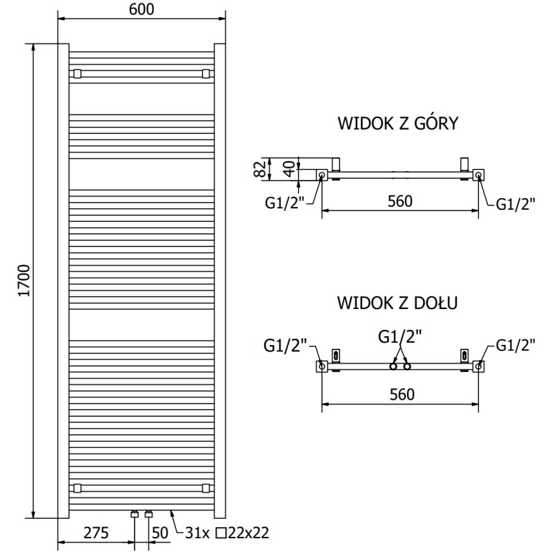 Mexen Pluton radiator baie 1700 x 600 mm, 991 W, negru - W106-1700-600-00-70