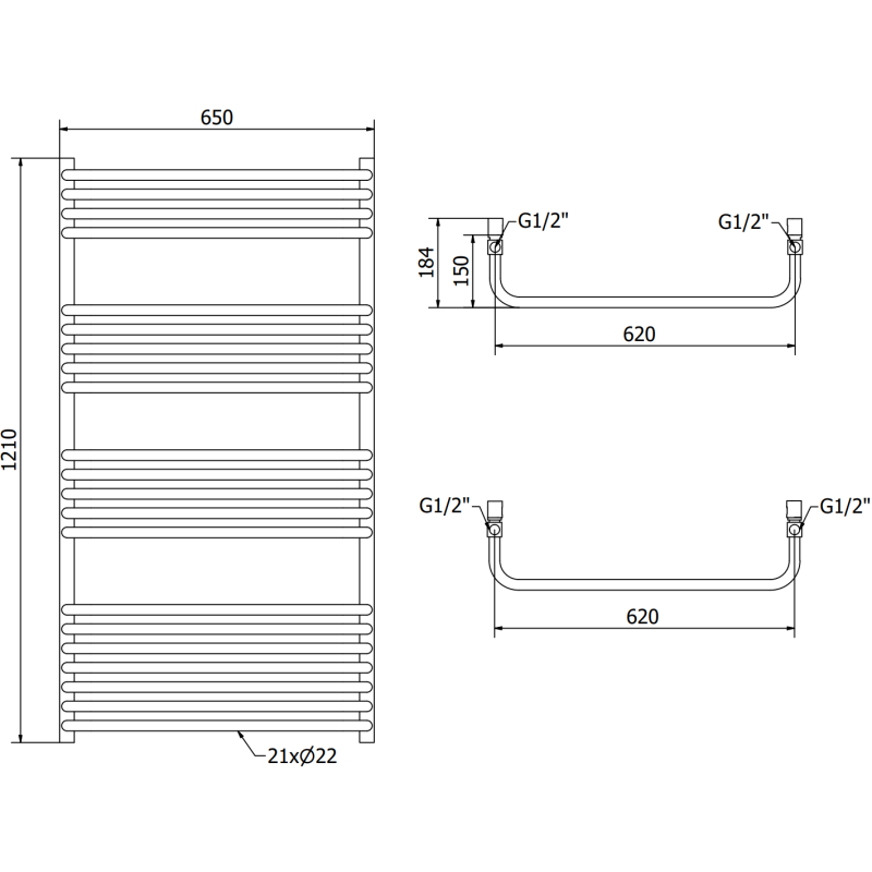 Mexen Apollo fürdőszobai radiátor 1210 x 650 mm, 713 W, fekete - W117-1210-650-00-70