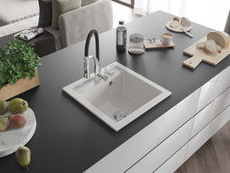 Mexen Vito 1-kamrás gránit mosogató Aster konyhai csapteleppel, fehér - 6503-20-73450-07