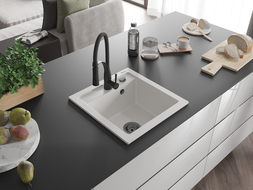 Mexen Vito chiuvetă de bucătărie din granit cu 1 compartiment și baterie de bucătărie Aster, alb - 6503-20-73450-70-B