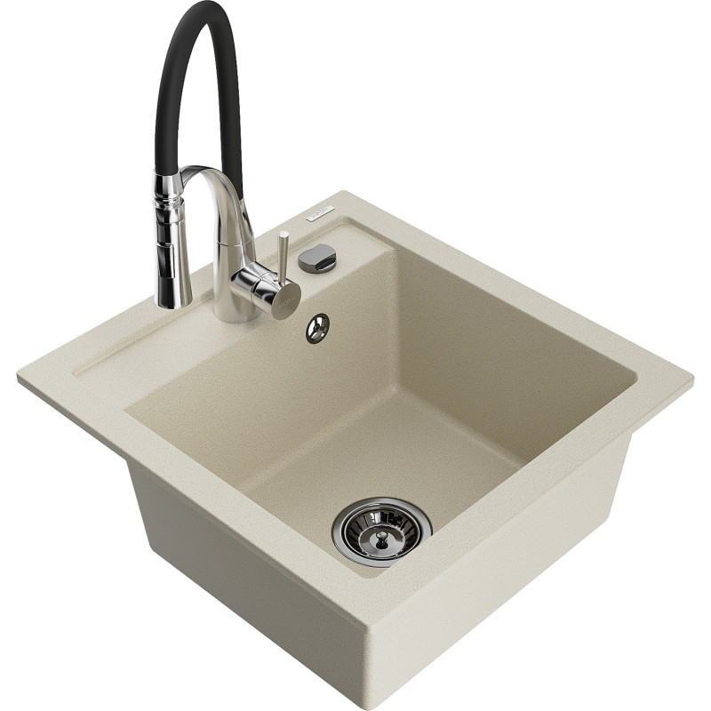 Mexen Vito chiuvetă de granit cu o cuvă și baterie de bucătărie Aster, bej - 6503-69-73450-07-B
