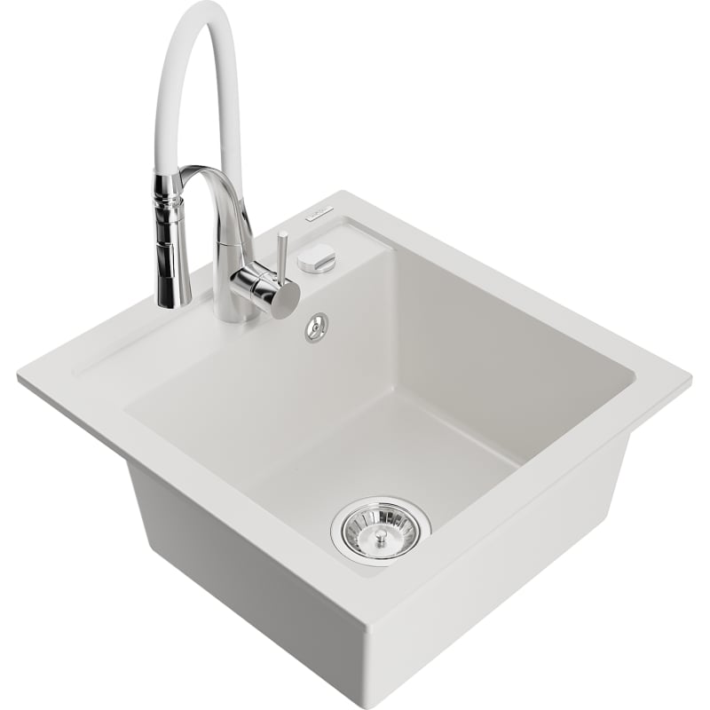 Mexen Vito chiuvetă de bucătărie din granit cu 1 compartiment și baterie de bucătărie Aster, alb - 6503-20-73450-02