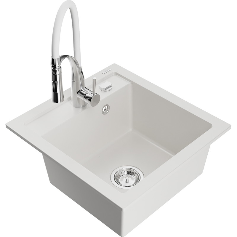 Mexen Vito chiuvetă de bucătărie din granit cu 1 compartiment și baterie de bucătărie Aster, albă - 6503-20-73450-02