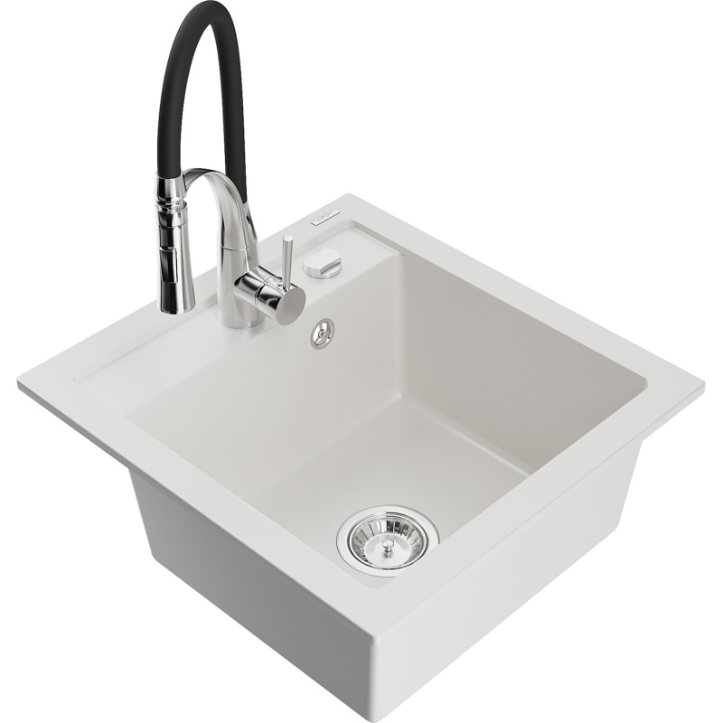 Mexen Vito chiuvetă de granit cu 1 compartiment și baterie de bucătărie Aster, alb - 6503-20-73450-07