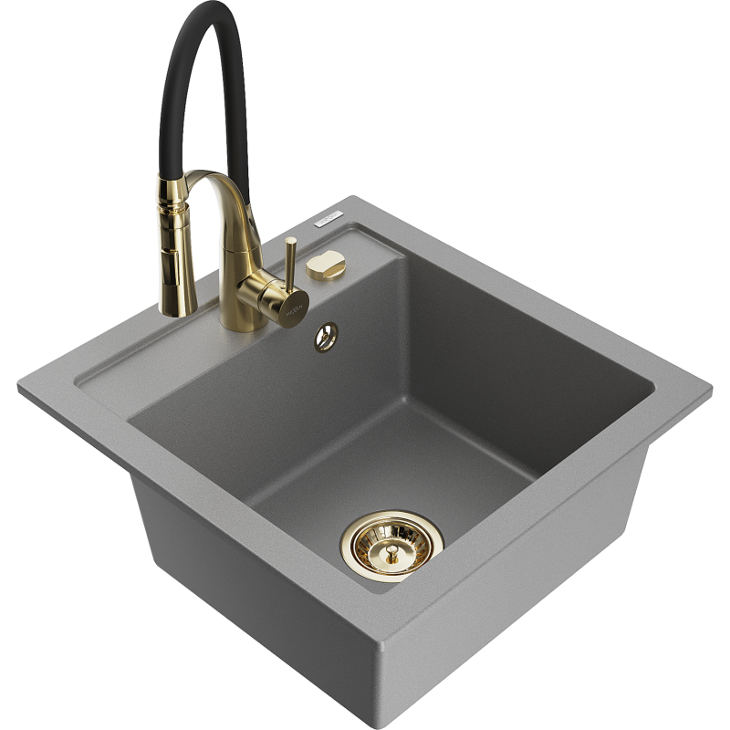 Mexen Vito chiuvetă de bucătărie din granit cu 1 cuvă cu baterie de bucătărie Aster, gri - 6503-71-73450-57-G