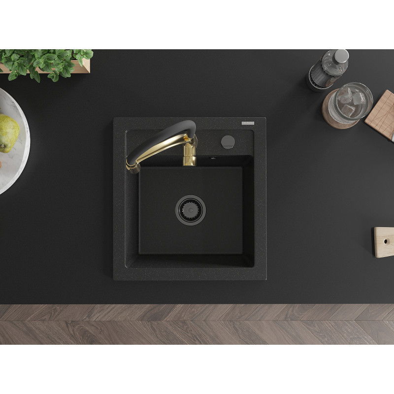 Mexen Vito chiuvetă de granit cu 1 compartiment cu baterie de bucătărie Aster, negru/argintiu metalizat- 6503-73-73450-57-B