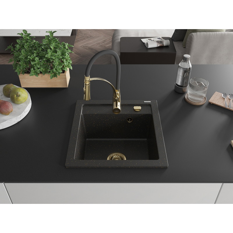 Mexen Vito chiuvetă de granit cu 1 compartiment cu baterie de bucătărie Aster, negru/auriu metalizat - 6503-75-73450-57-G