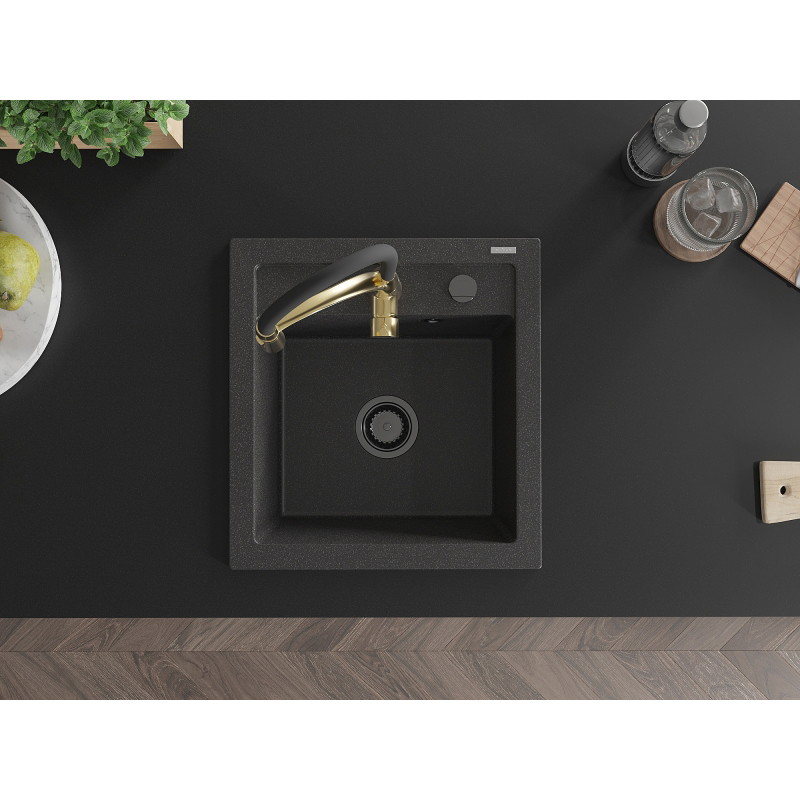 Mexen Vito chiuvetă de granit cu 1 cuvă și baterie de bucătărie Aster, neagră cu picățele - 6503-76-73450-57-B