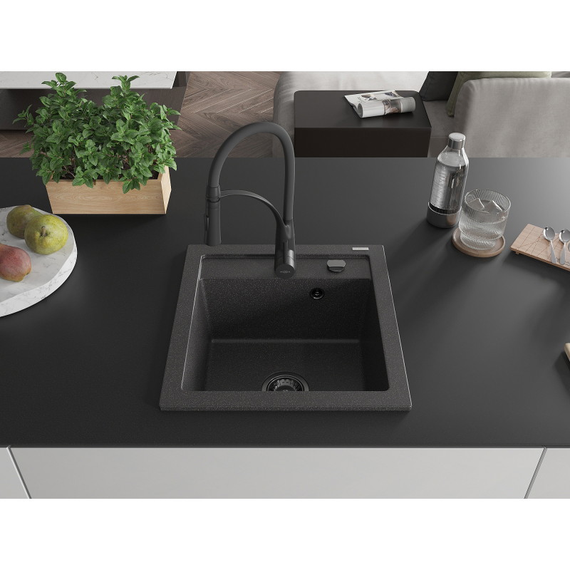 Mexen Vito gránit egymedencés mosogató Aster konyhai csapteleppel, fekete pöttyös - 6503-76-73450-70-B