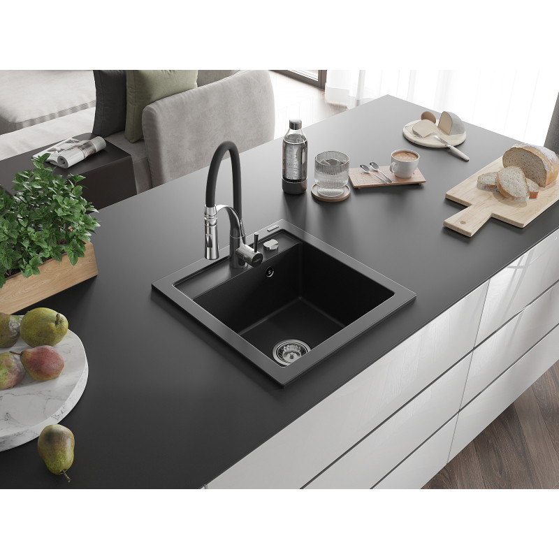 Mexen Vito chiuvetă de granit cu 1 compartiment și baterie de bucătărie Aster, negru - 6503-77-73450-07