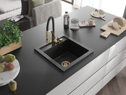 Mexen Vito chiuvetă de granit cu o singură cuvă și baterie de bucătărie Aster, negru - 6503-77-73450-57-G