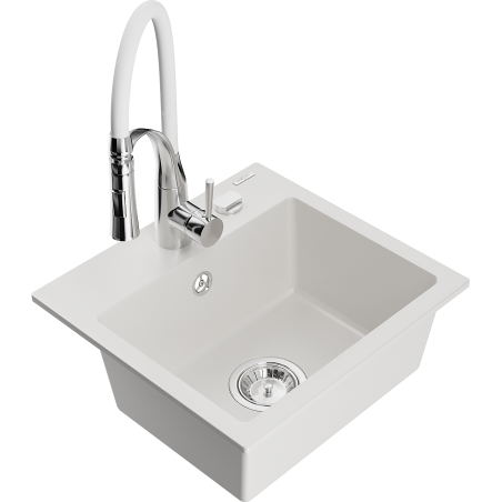 Mexen Milo chiuvetă de granit cu 1 compartiment cu baterie de bucătărie Aster, alb - 6505-20-73450-02