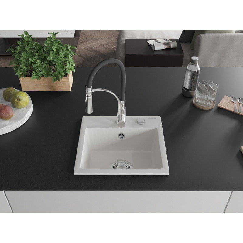Mexen Milo chiuvetă de granit cu 1 cameră și baterie de bucătărie Aster, albă - 6505-20-73450-07
