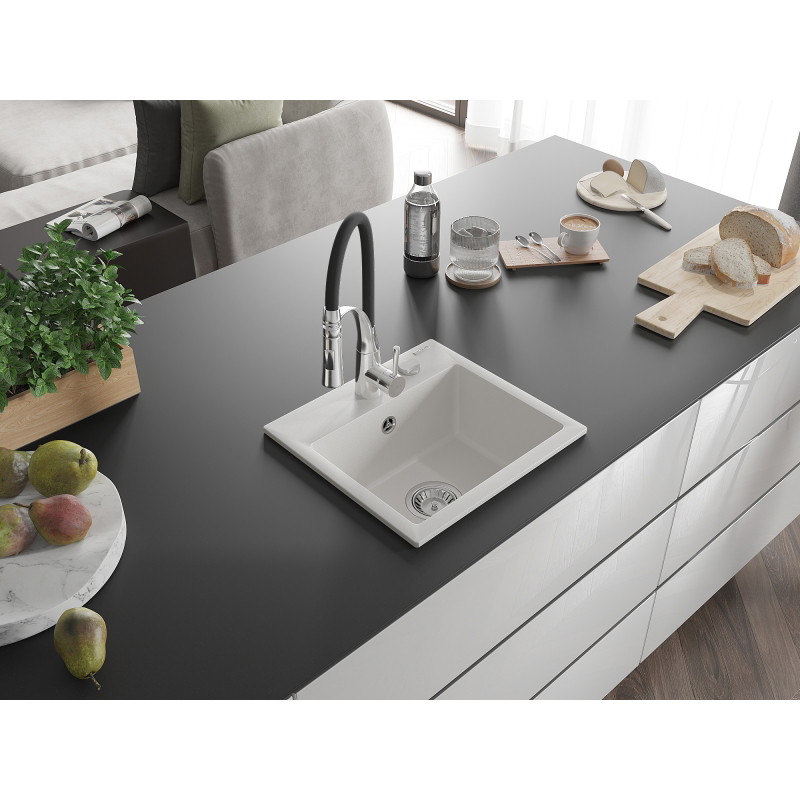 Mexen Milo chiuvetă de granit cu 1 cameră și baterie de bucătărie Aster, albă - 6505-20-73450-07