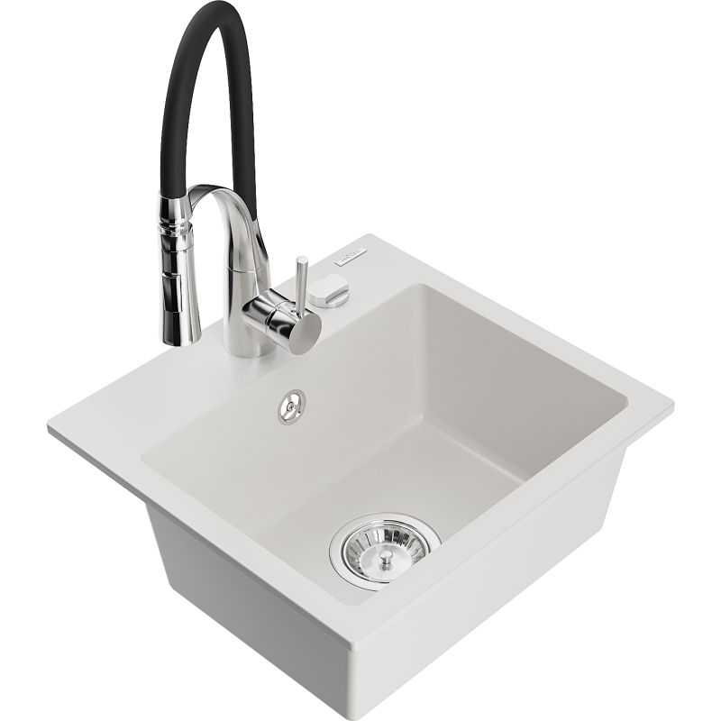 Mexen Milo chiuvetă de granit cu 1 compartiment cu baterie de bucătărie Aster, alb - 6505-20-73450-07