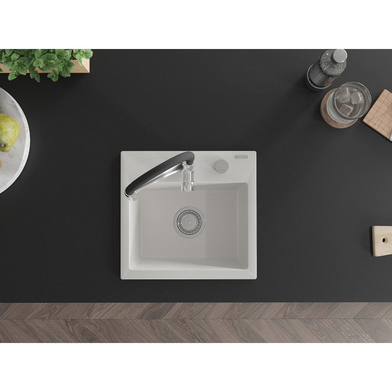 Mexen Milo chiuvetă de granit cu 1 compartiment cu baterie de bucătărie Aster, alb - 6505-20-73450-07