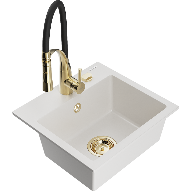 Mexen Milo chiuvetă de bucătărie din granit cu 1 compartiment și baterie Aster, alb - 6505-20-73450-57-G