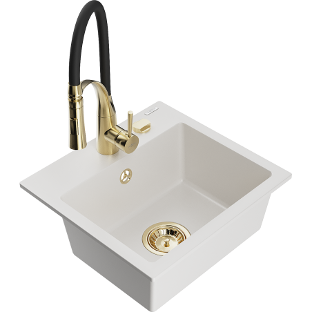 Mexen Milo chiuvetă de bucătărie din granit cu 1 compartiment și baterie Aster, alb - 6505-20-73450-57-G