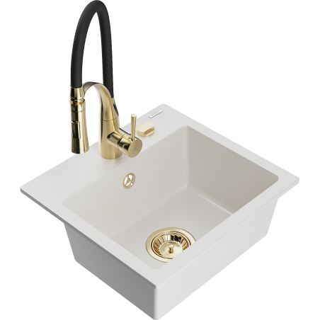 Mexen Milo egykamrás gránit mosogató Aster konyhai csapteleppel, fehér - 6505-20-73450-57-G