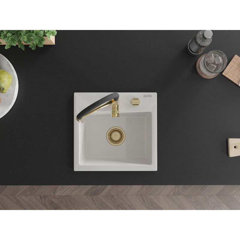 Mexen Milo egykamrás gránit mosogató Aster konyhai csapteleppel, fehér - 6505-20-73450-57-G