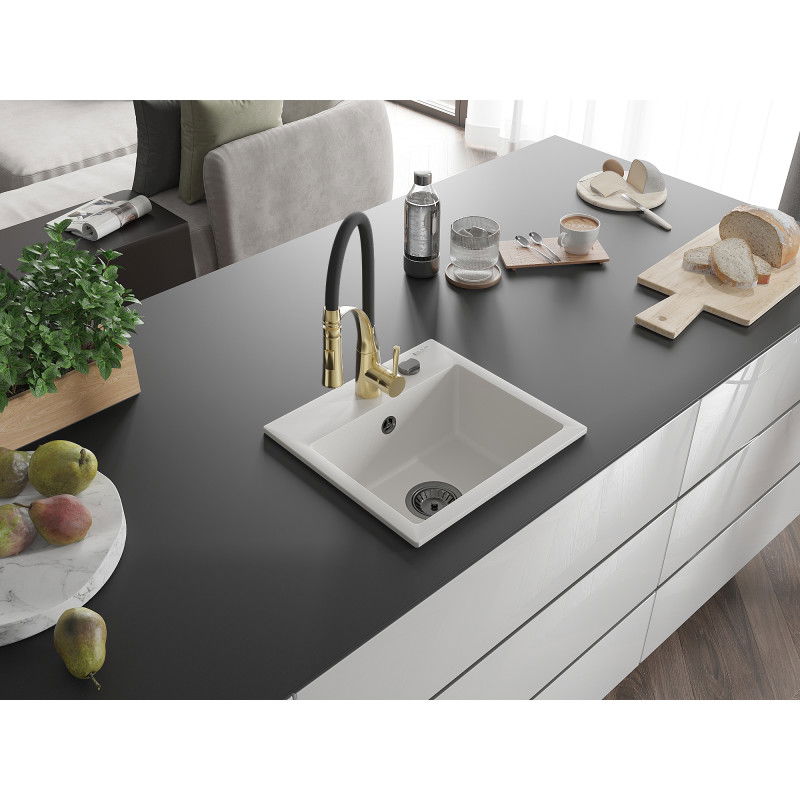 Mexen Milo chiuvetă de bucătărie din granit 1-bazin cu baterie de bucătărie Aster, alb - 6505-20-73450-57-B