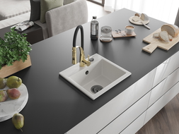 Mexen Milo chiuvetă de bucătărie din granit 1-bazin cu baterie de bucătărie Aster, alb - 6505-20-73450-57-B