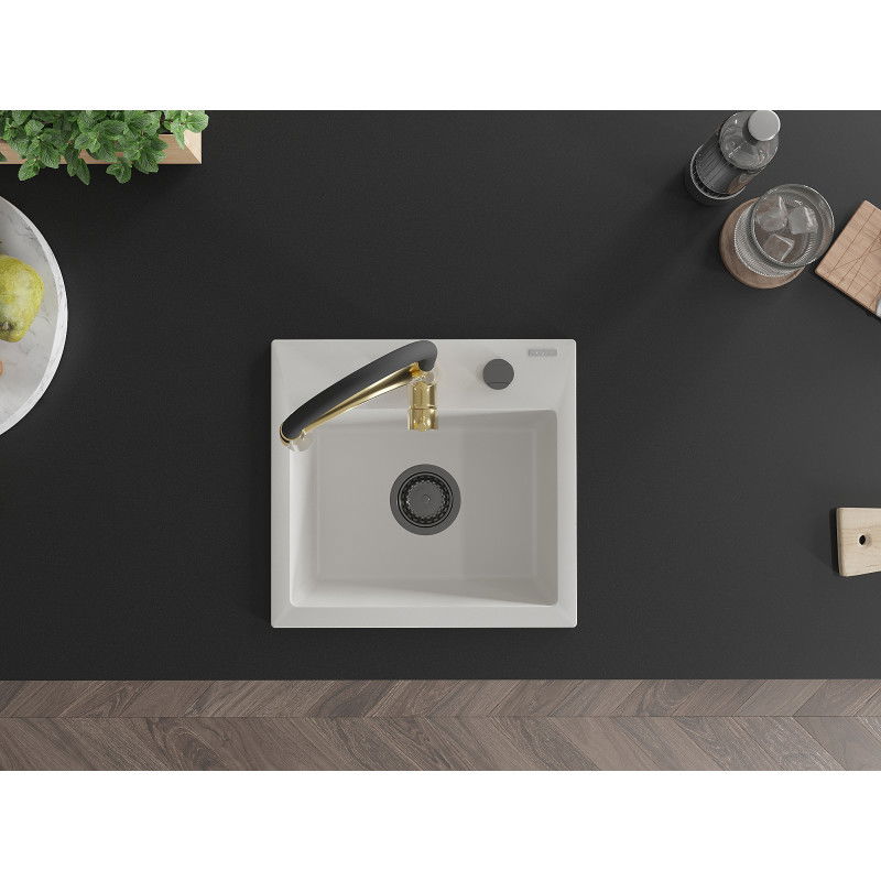 Mexen Milo chiuvetă de bucătărie din granit 1-bazin cu baterie de bucătărie Aster, alb - 6505-20-73450-57-B