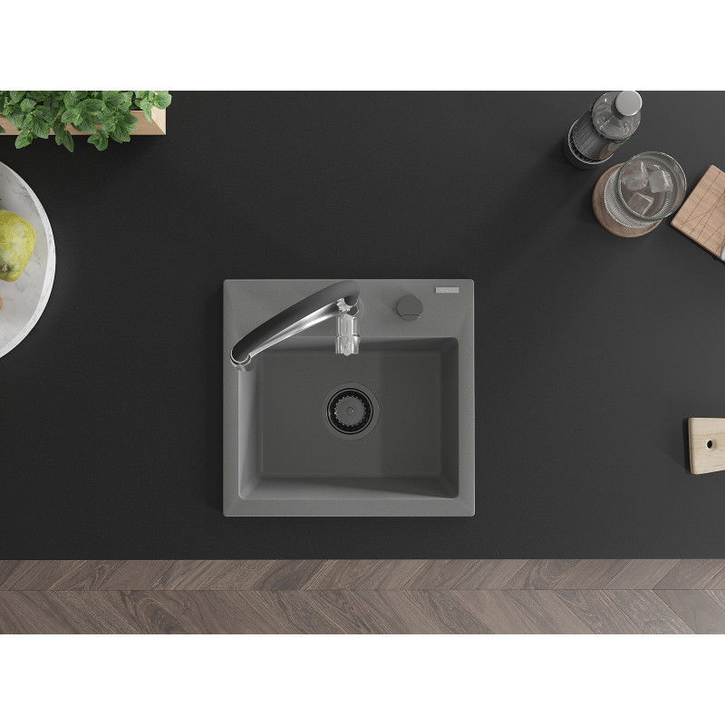 Mexen Milo chiuvetă de granit cu 1 compartiment cu baterie de bucătărie Aster, gri - 6505-71-73450-07-B