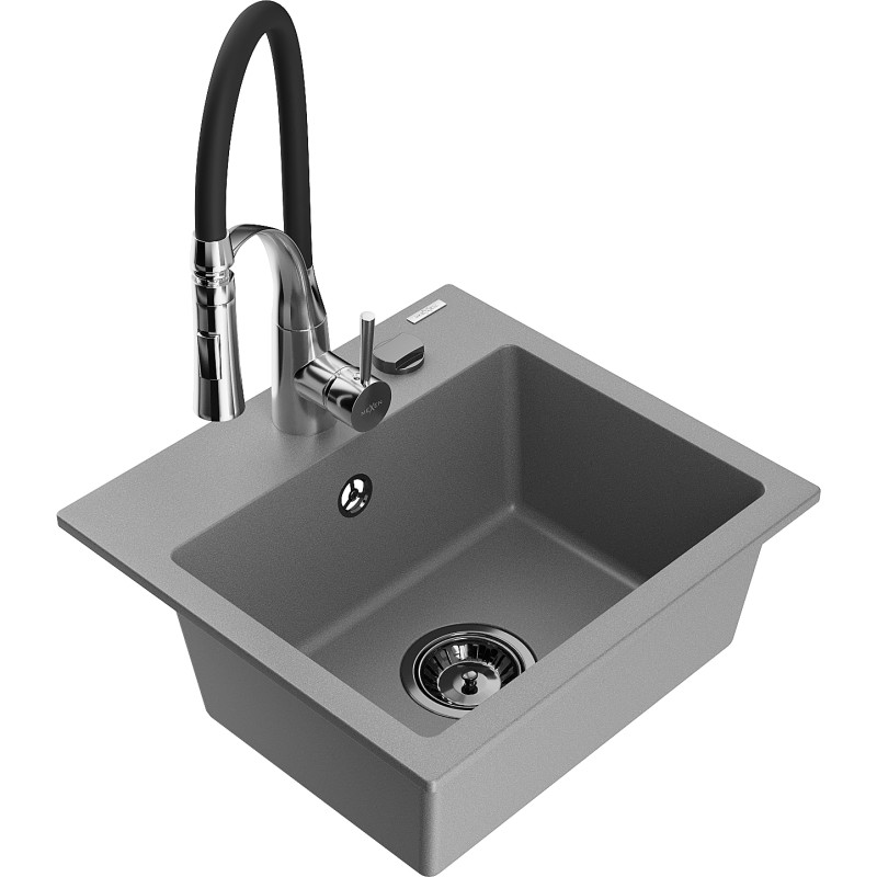Mexen Milo chiuvetă de bucătărie din granit cu 1 compartiment cu baterie de bucătărie Aster, gri - 6505-71-73450-07-B
