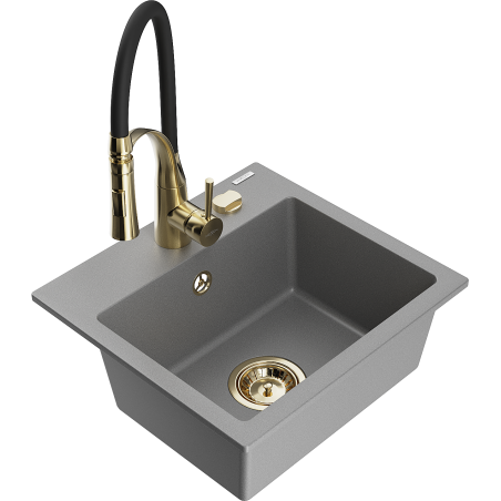 Mexen Milo chiuvetă de bucătărie din granit, 1 compartiment, cu baterie Aster, gri - 6505-71-73450-57-G